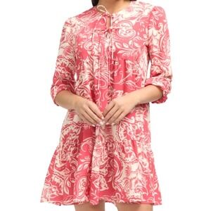 Ellen Tracy Womens Pink White Paisley Floral Tiered Babydoll Dress 3/4 Sleeve S